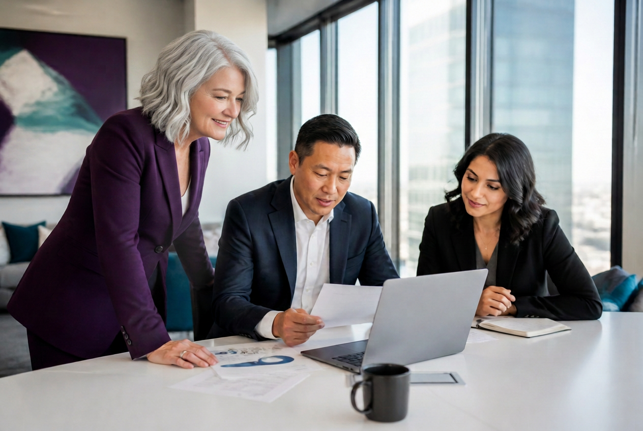 Jennifer Kaufman collaborating with executives in an upscale office